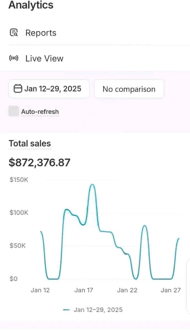 Analytics dashboard showing $872,376 Monthly Peak